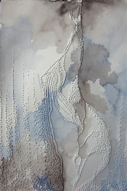 Day 304: 4 x 6" pierced paper and watercolor 