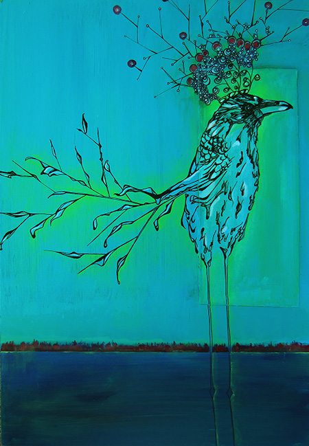 Day 310, 10.25 x 15" Ink, paper and acrylic on wood