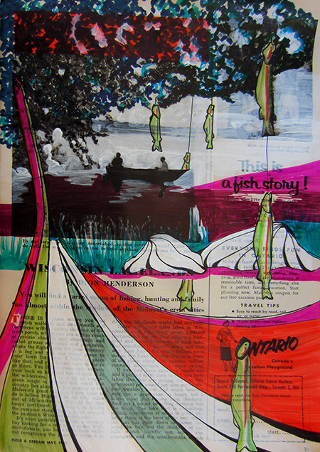 Day 333, Ink and acrylic on May 1955 Field and Stream magazine