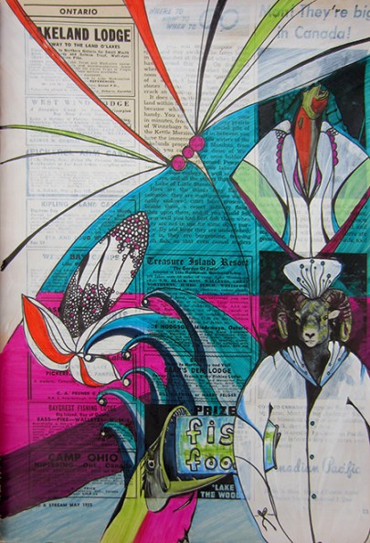 Day 349, ink and acrylic on May, 1955 Field and Stream Magazine