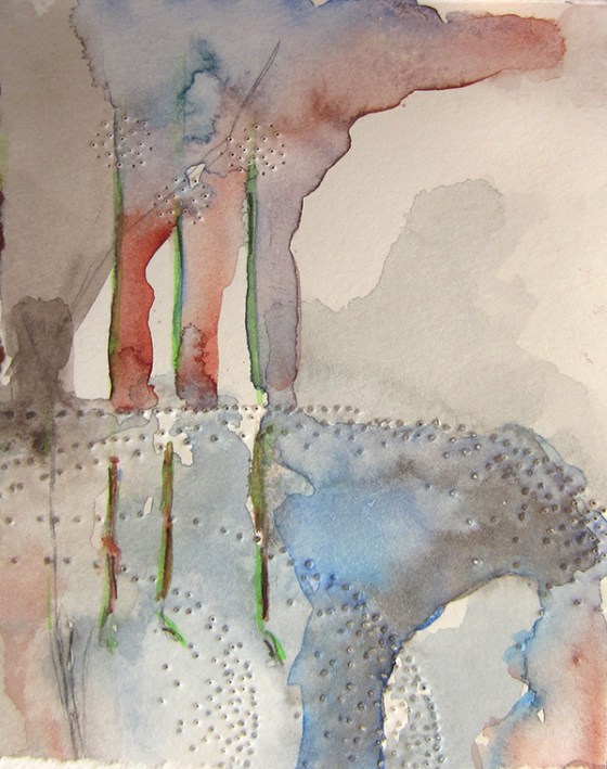 ~3 x 4.5" watercolor and pencil on pierced paper