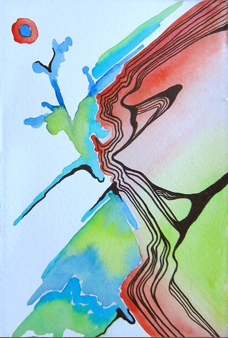 ~3 x 5" Watercolor and ink on paper