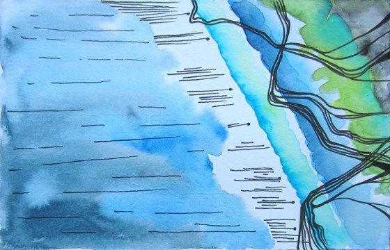 The Water Comes ~3 x 5 Watercolor and ink on Paper