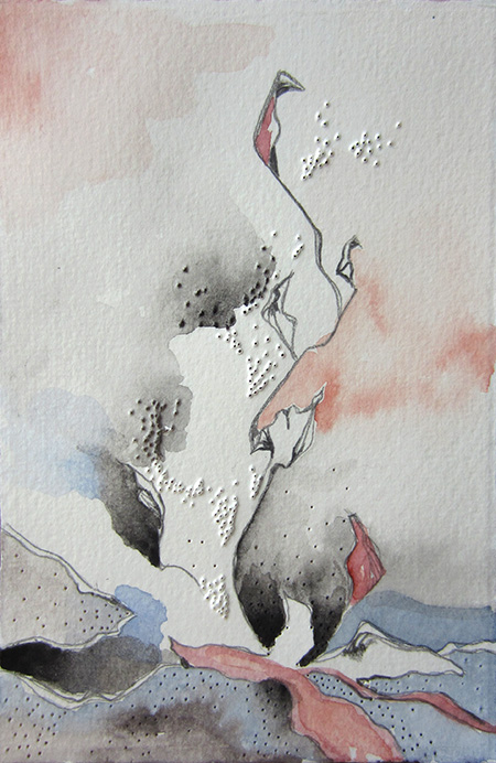 ~3 x 5" Watercolor and pencil on pierced paper