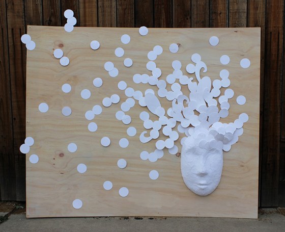 42 x 36", Pierced paper covered ceramic mask, paper, wood